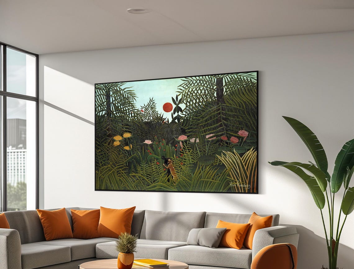 Henri Rousseau Sunset Jungle Landscape with Red Sun Glow Poster