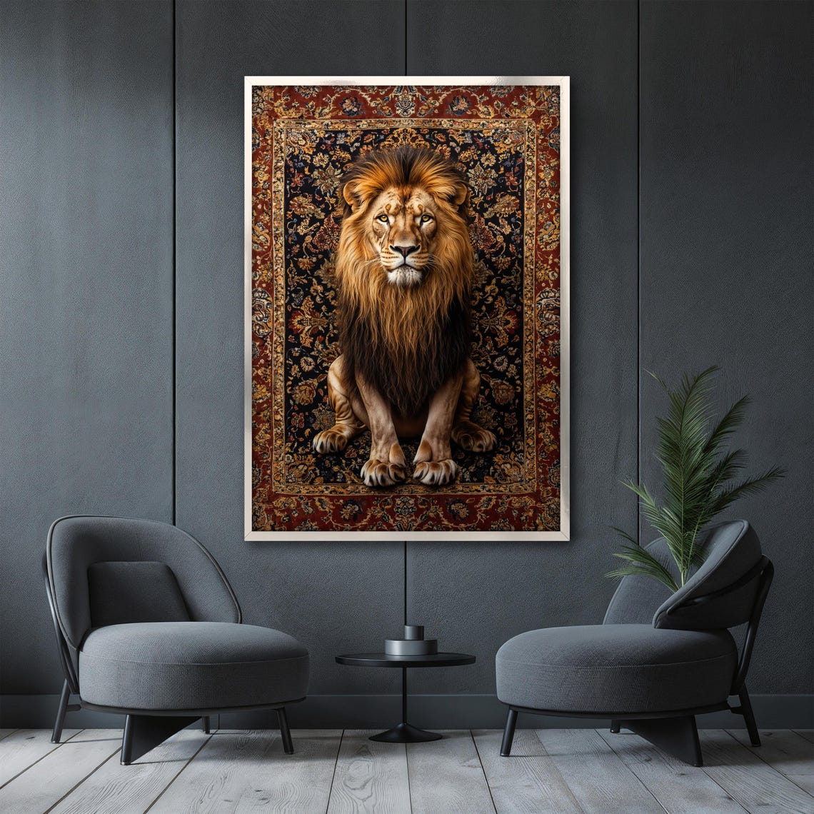 Regal Lion Sitting in State on a Dark Ornate Persian Rug Poster - Image 3