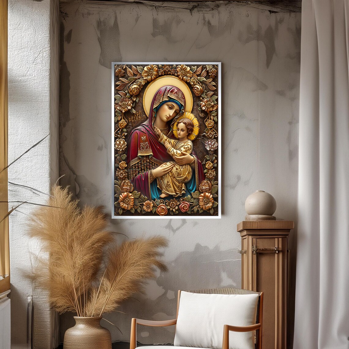 Ornate Virgin Mary and Child Byzantine Icon Painting Poster For Prayer Room - Image 3