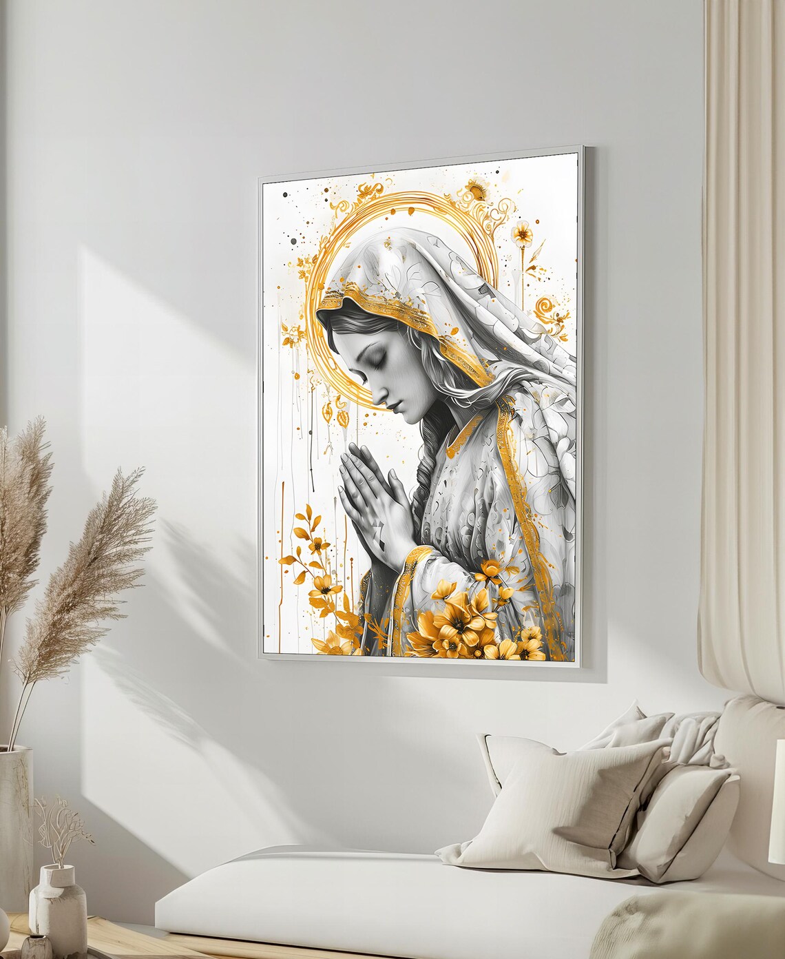 Praying Virgin Mary With Golden Halo And Floral Accents Poster