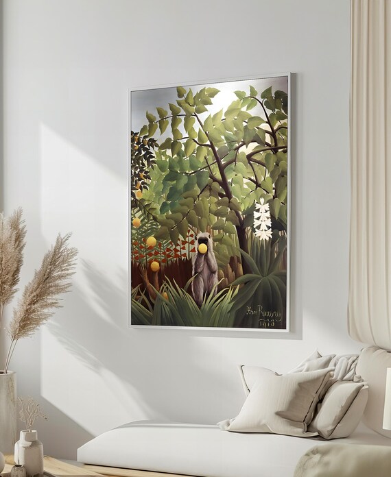 Henri Rousseau Style Lush Jungle Scene With A Monkey Eating Fruit Poster