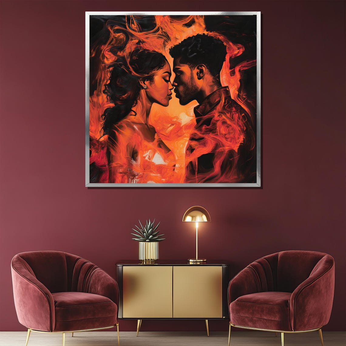Fiery Passionate Couple Kiss in Orange Flames Bold Romance Poster - Image 2