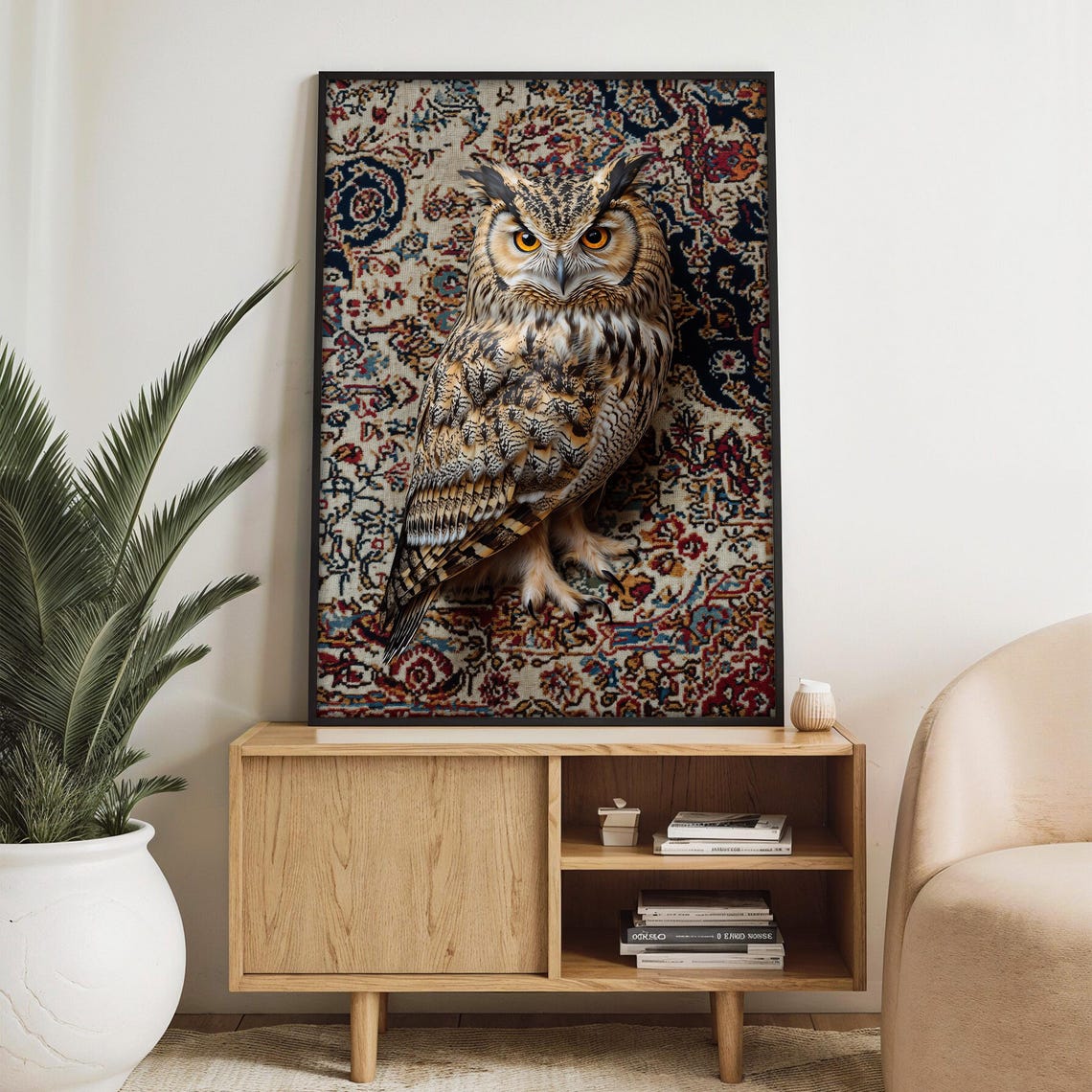 Great Horned Owl Perched Alertly on an Ornate Patterned Rug Poster
