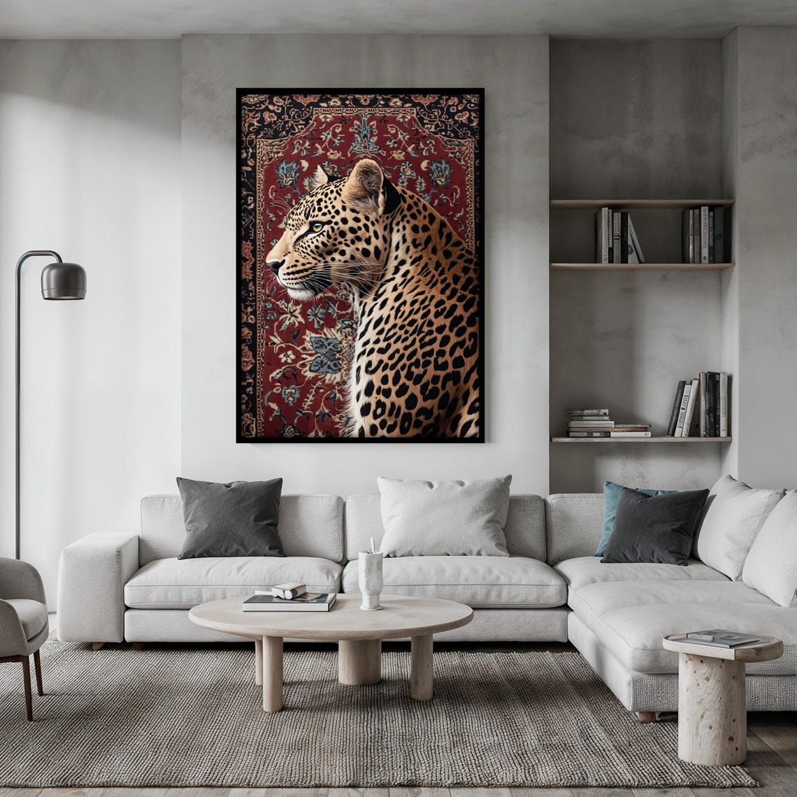 Leopard in Elegant Side Profile Resting on a Red Oriental Rug Poster - Image 2