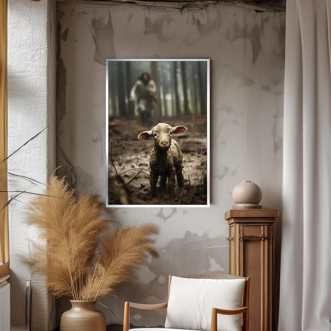 The Lost Lamb Standing In A Misty Forest With The Shepherd Behind Poster - Image 3