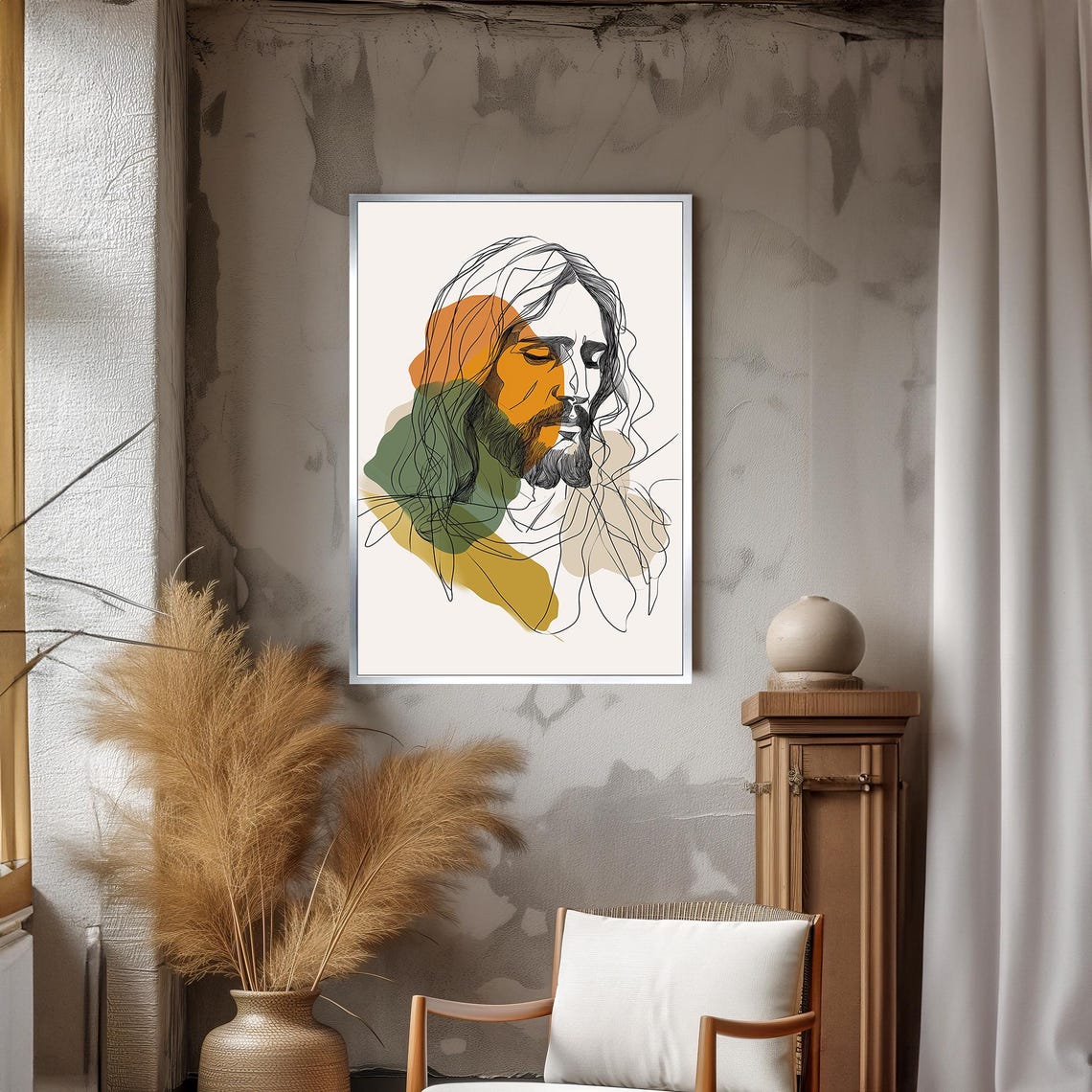 Abstract Line Art Portrait Of Jesus With Warm Earth Tone Washes Poster - Image 3