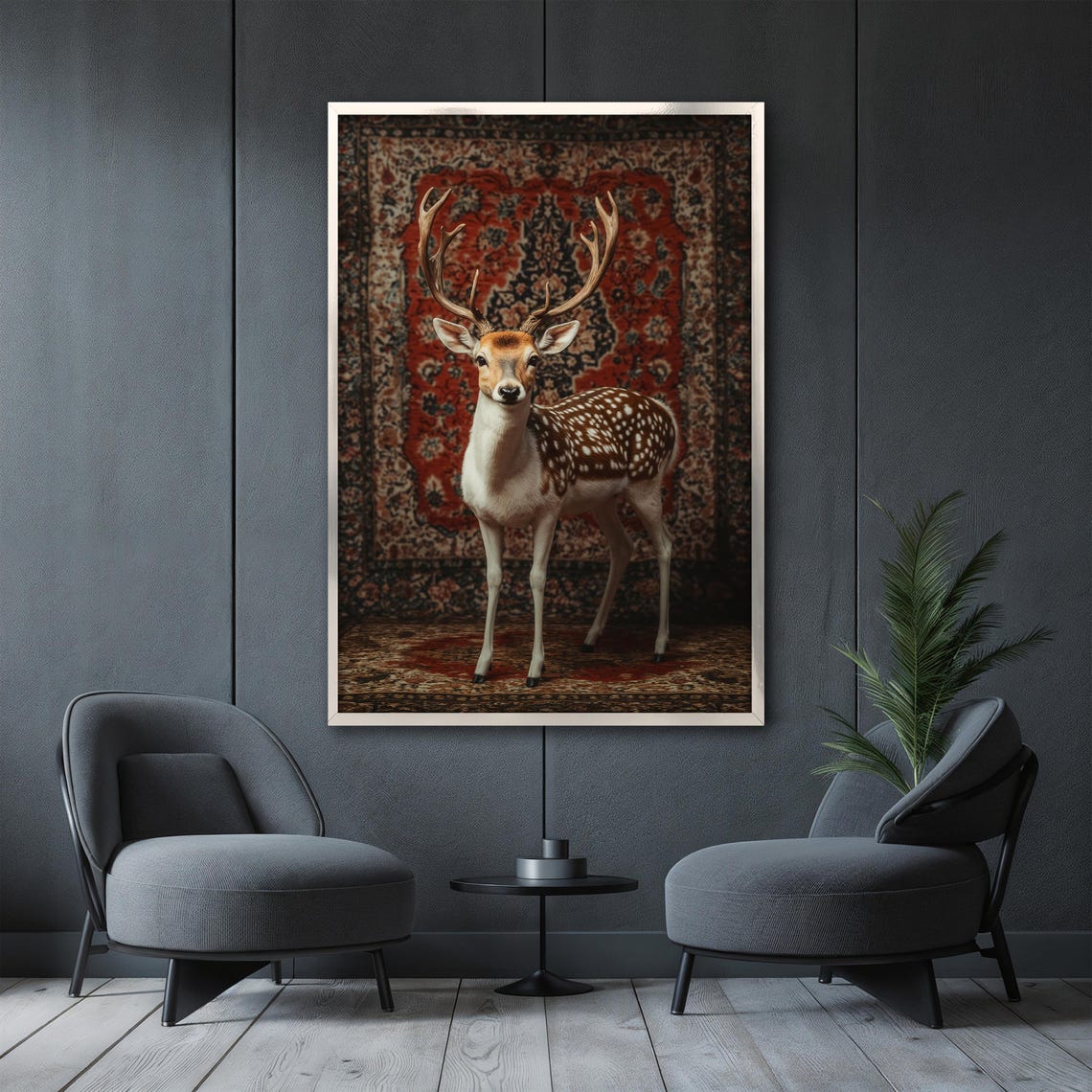 Spotted Deer Stag with Grand Antlers Before a Red Persian Rug Poster - Image 3