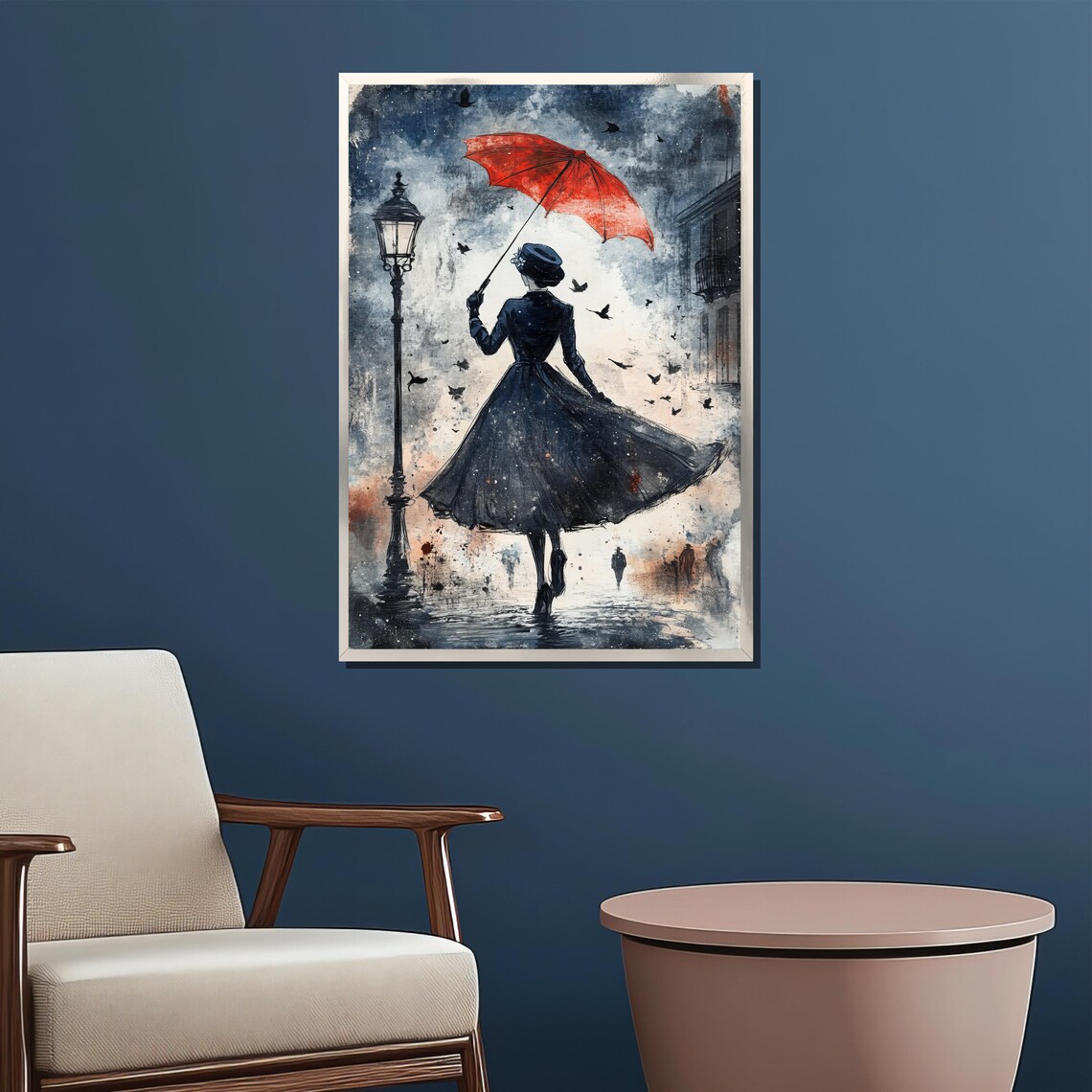 Red Umbrella Lady In The Rain Vintage Romantic Street Scene Poster - Image 2