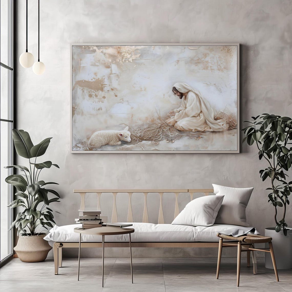 Peaceful Jesus Kneeling With A Lamb On A Soft Misty Shore Poster - Image 2