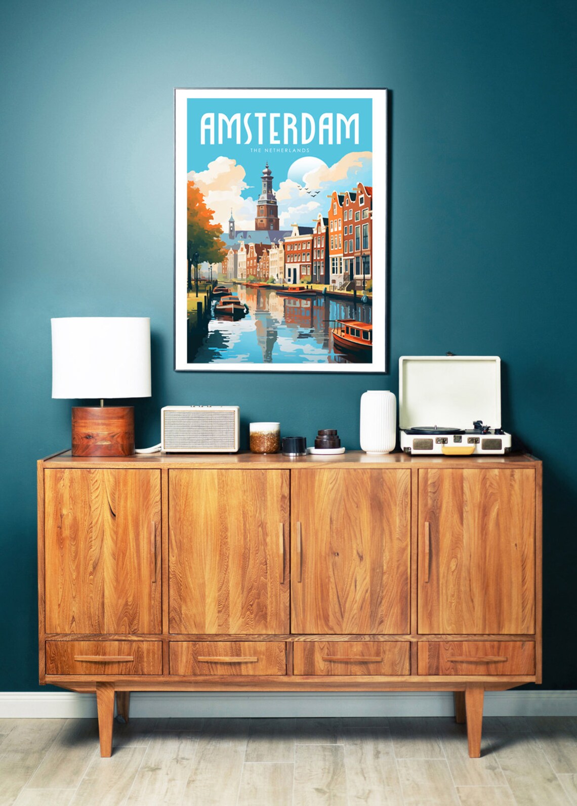 Amsterdam Netherlands Canal Gabled Houses Boats Retro Travel Poster - Image 3