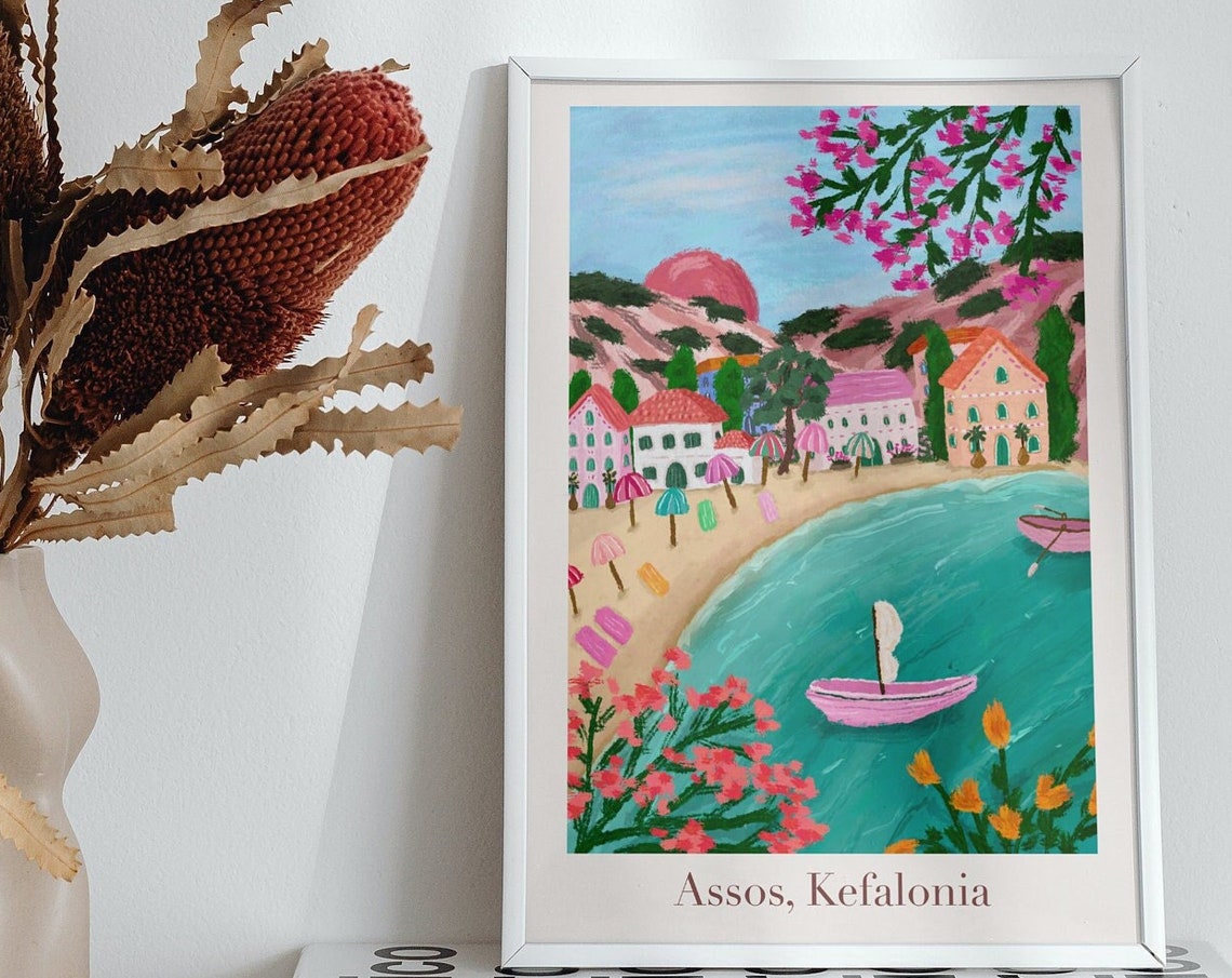 Assos Kefalonia Travel Poster, Greek Island Art