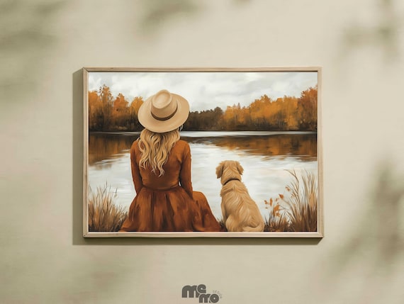 Woman And Dog Beside Autumn Lake Fall Oil Painting Art Print