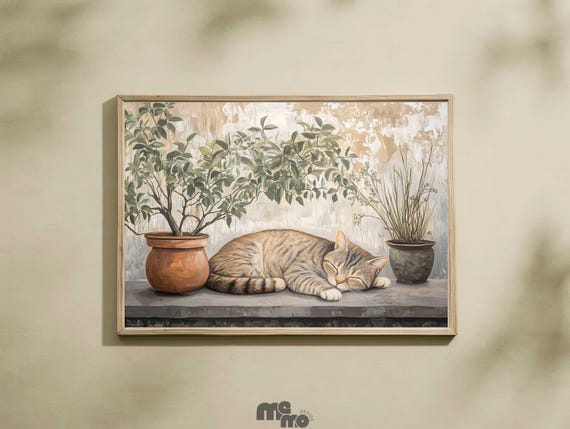 Rustic Sleeping Tabby Cat Wall Art Cozy Pet Premium Matte Paper Poster Calming Oil Painting Lover Home Decor Cute Animal Gift
