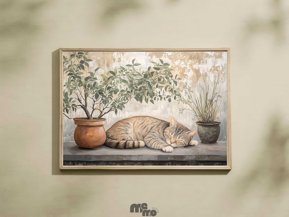 Sleeping Tabby Cat Potted Plants Rustic Cozy Painting Poster