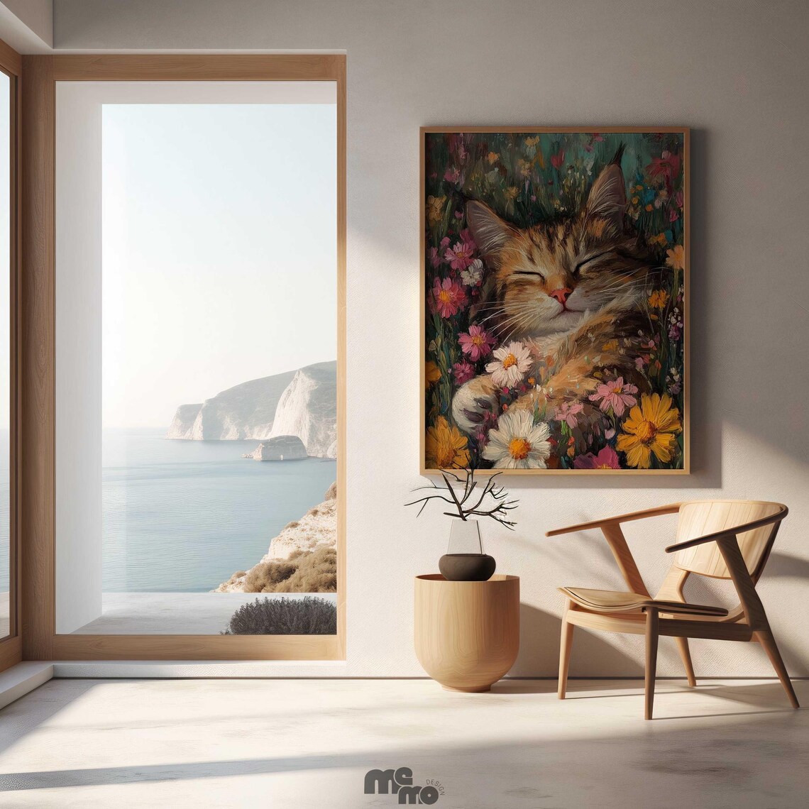 Sleeping Maine Coon Cat, Floral Meadow Art Print - Image 2
