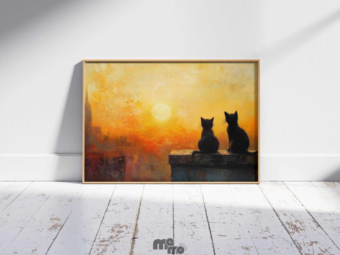 Two Black Cats Watching Sunset, Minimalist Art Print - Image 5