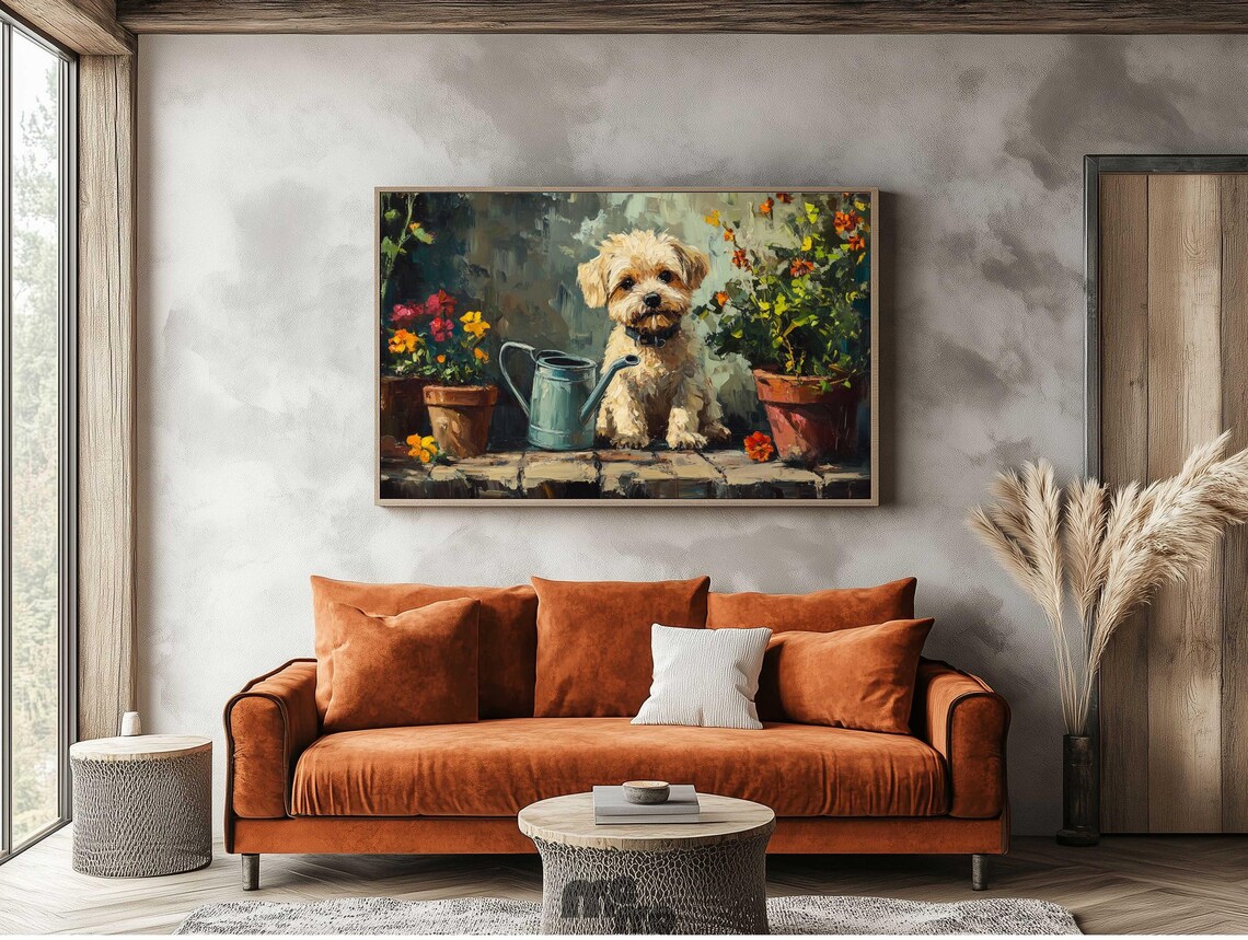 Adorable Yorkie Terrier, Floral Garden Oil Painting - Image 2