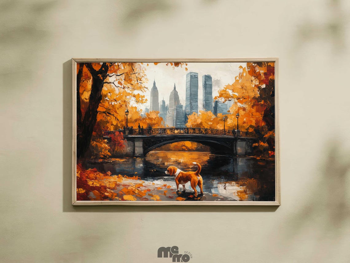 Beagle Central Park Autumn Oil Painting Poster Fall Bridge City Scene