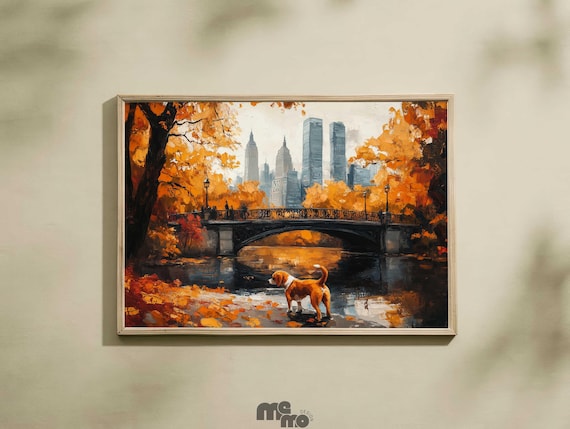 Beagle Central Park Autumn Oil Painting Poster Fall Bridge City Scene