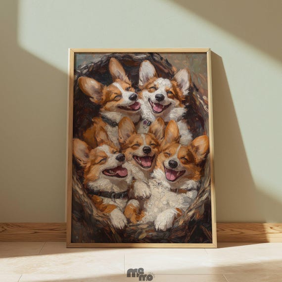Happy Corgi Dog Wall Art Print Funny Group Pet Portrait Painting Playful Puppy Oil Style Decor Gift For Lover Home