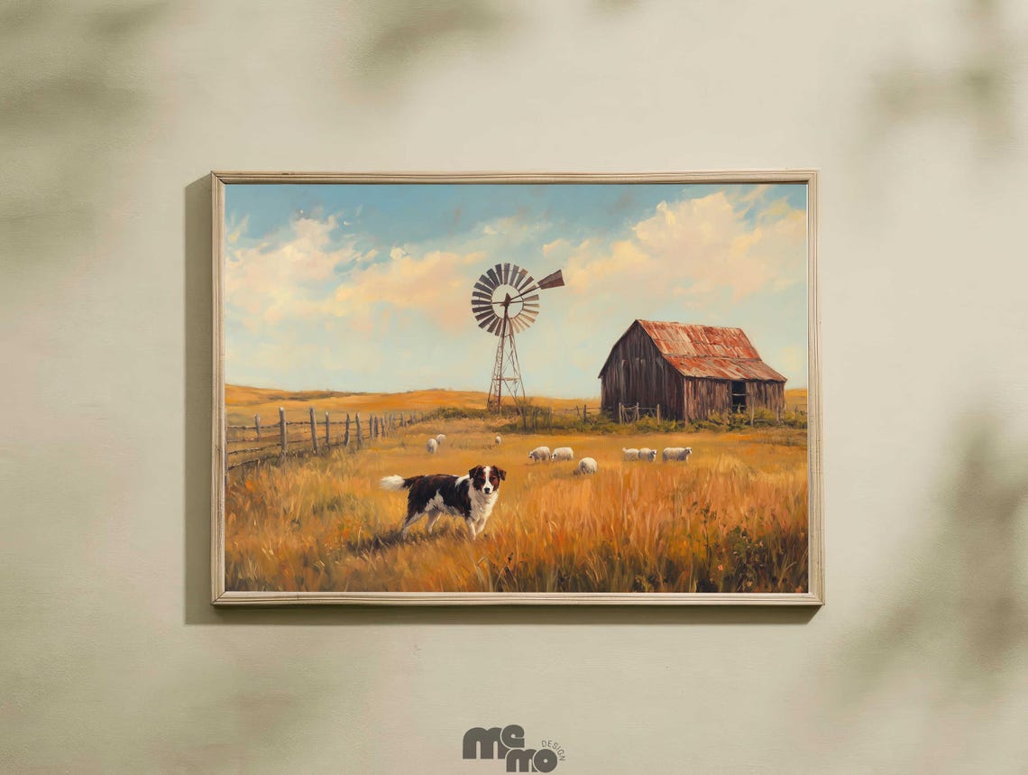 Australian Shepherd Farm Dog Poster Barn Windmill Rustic Landscape Art
