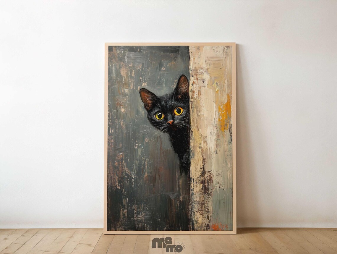 Peeking Black Cat Funny Curiosity Art Print