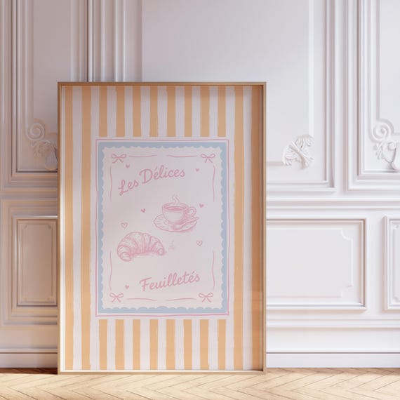 Croissant Coffee Print French Bistro Pastel Kitchen Art