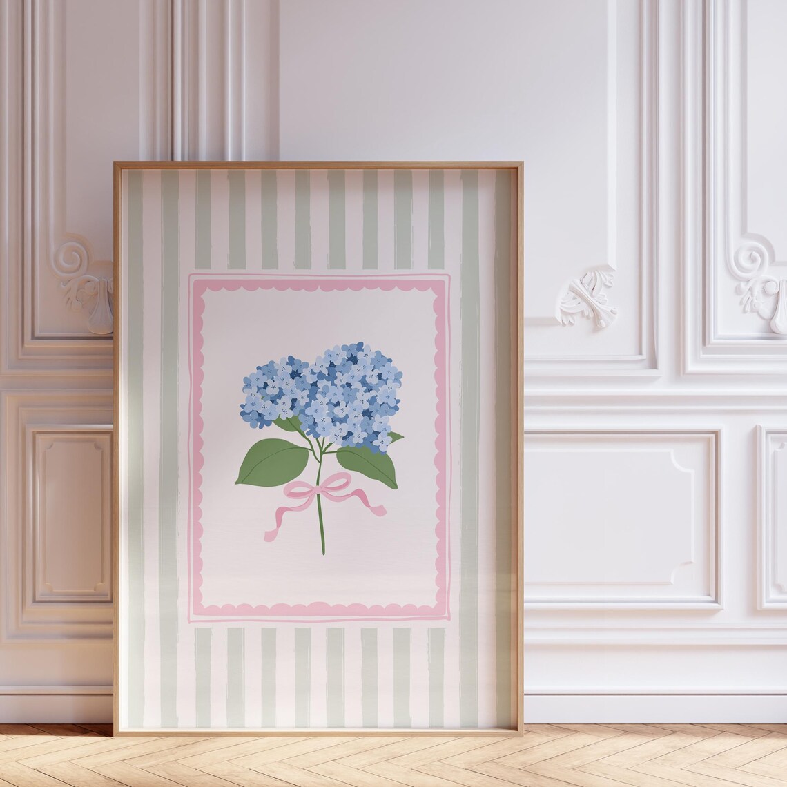 Blue Hydrangea Bouquet With Pink Ribbon Sage Stripe Floral Print