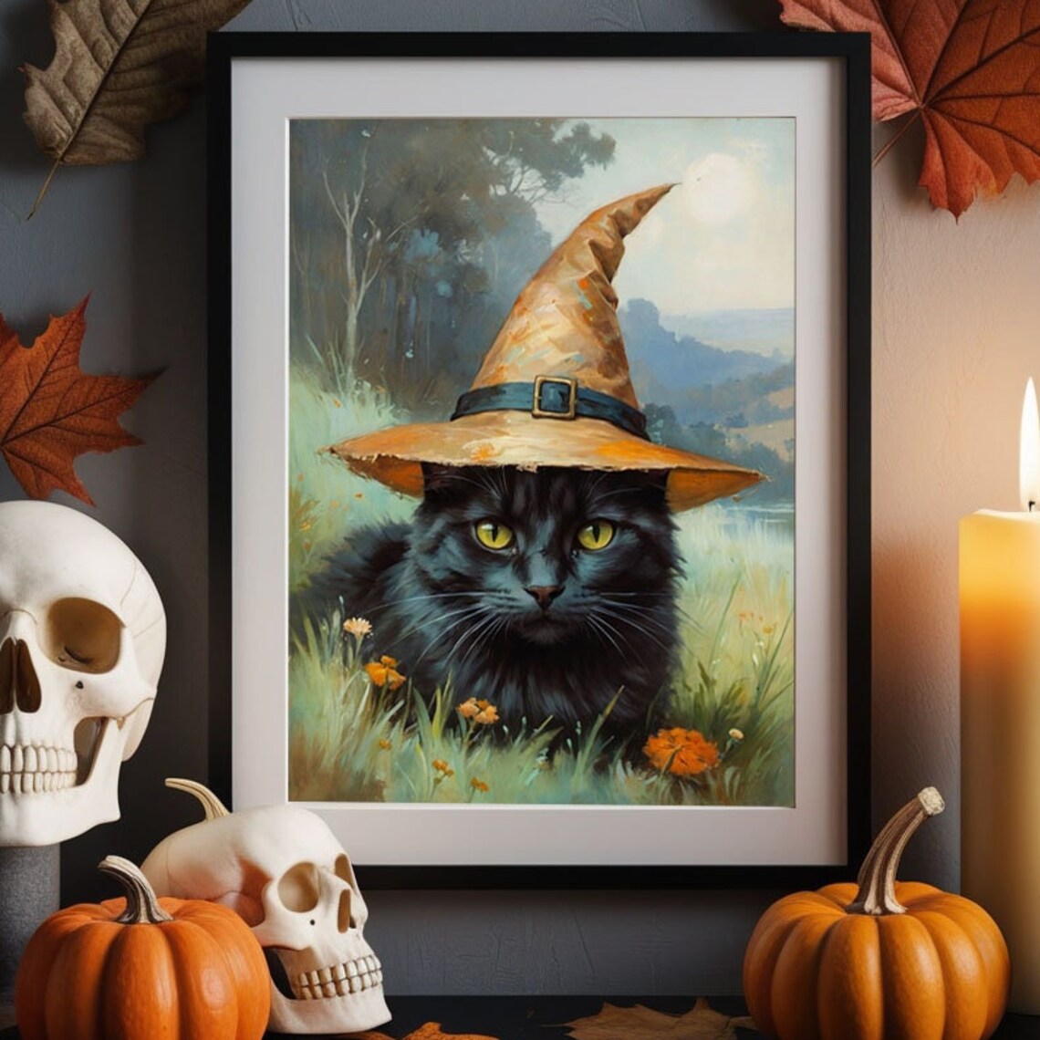 Black Cat Wearing An Orange Witch Hat In A Wildflower Meadow Poster - Image 4
