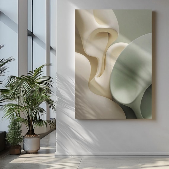 Neutral Abstract Print Beige Green Organic Shapes