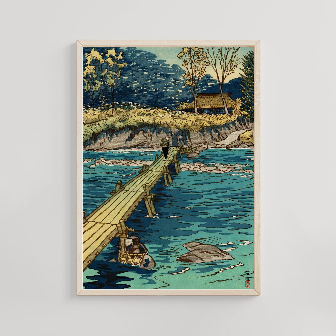 Shiro Kasamatsu Wooden Bridge Over Turquoise River Japanese Poster