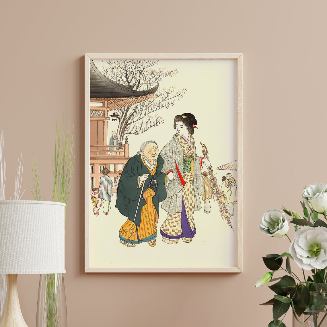 Elderly Couple At Temple With Willow Tree Japanese Woodblock Poster