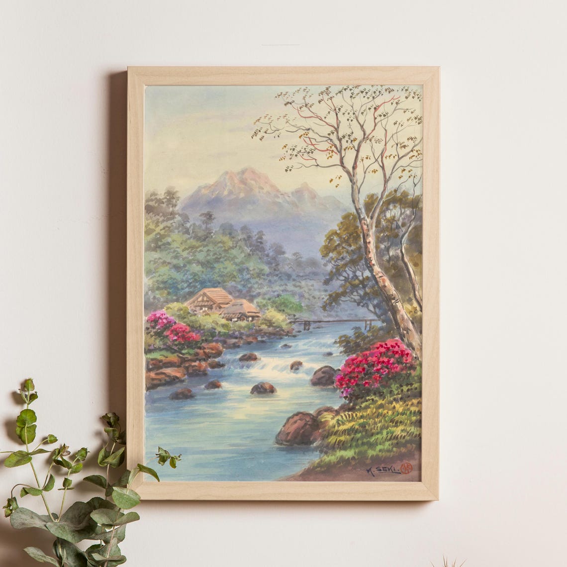 Seki K Mountain Stream Rapids Thatched Hut 1920s Japanese Poster