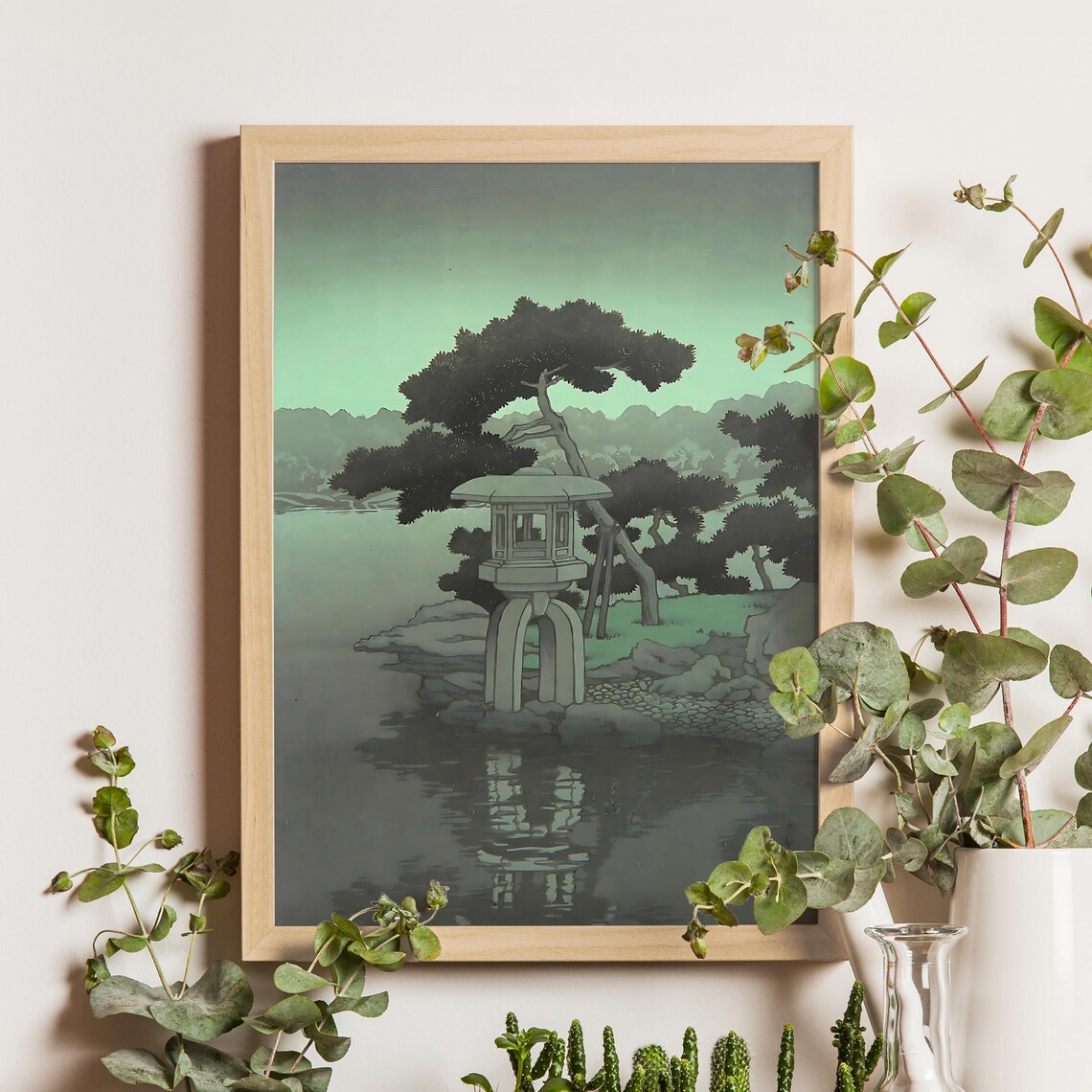 Kawase Hasui Kiyozumi Garden in Moonlight Lantern Woodblock Poster