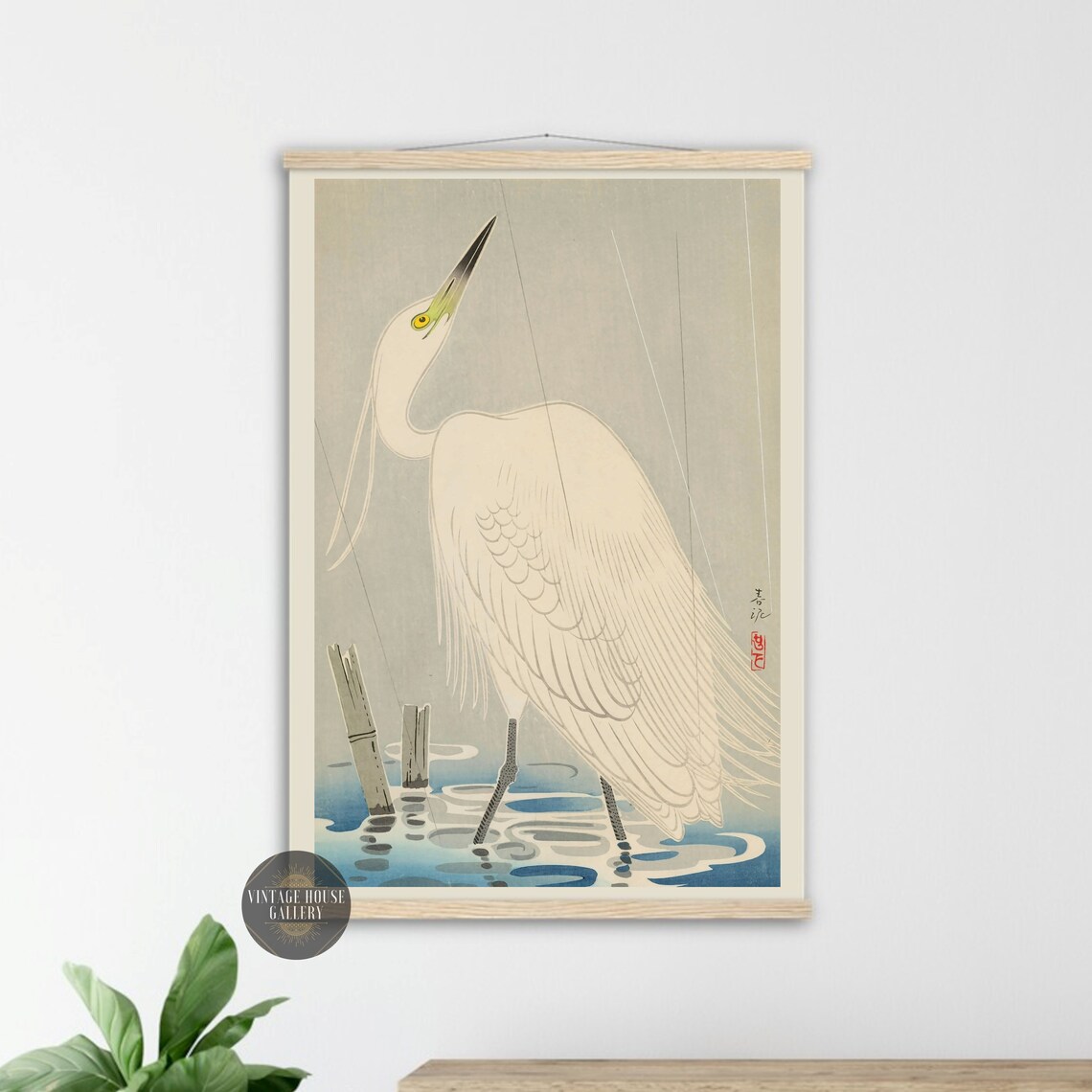 White Heron Standing In Rain Japanese Woodblock Bird Art Poster