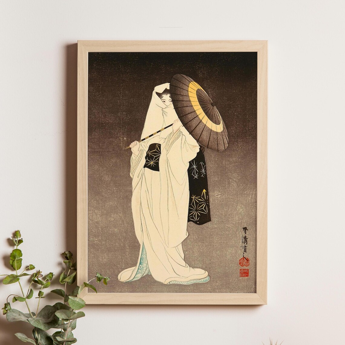 Taniguchi Kokyo 1925 White Kimono Beauty Parasol Japanese Poster