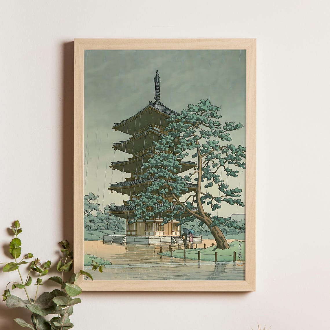 Five Story Pagoda in Gentle Summer Rain Beside a Still Pond Poster