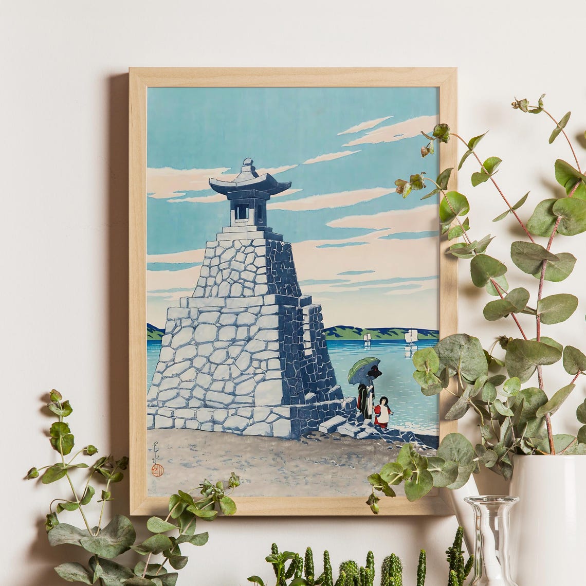 Kawase Hasui Hakozaki Chikuzen Stone Beacon Seaside Woodblock Poster