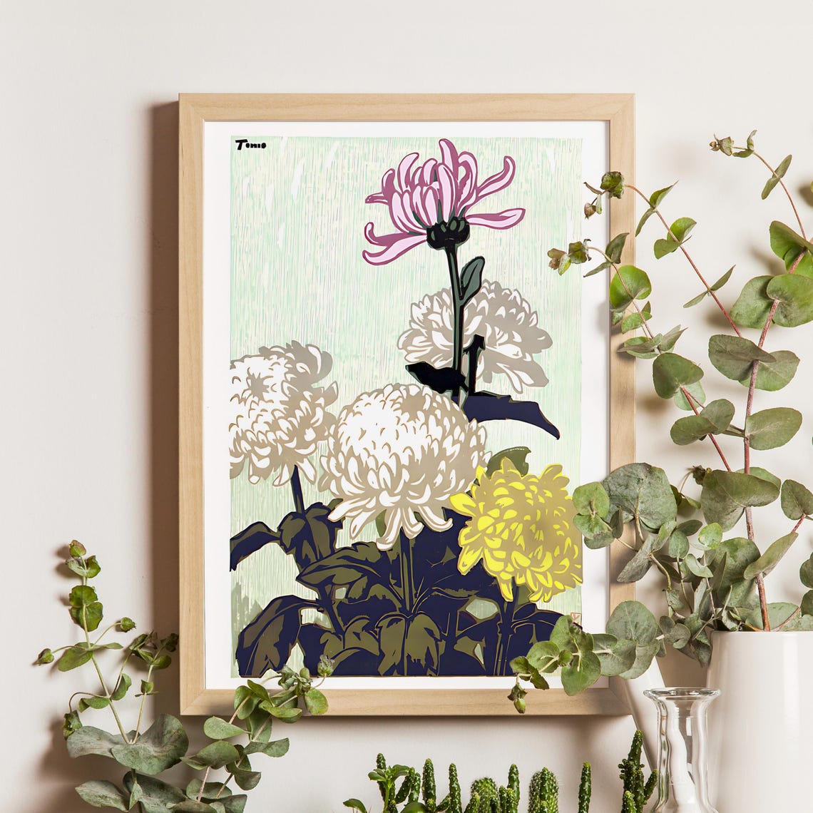 Inagaki Tomoo Pink White and Yellow Chrysanthemums Japanese Poster
