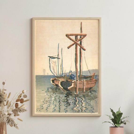 Fishing Boat Kitayama Seitaro C 1930s Japanese Woodblock Print Of Coastal Fisher Vessel Maritime Landscape Poster Vintage Japan Art