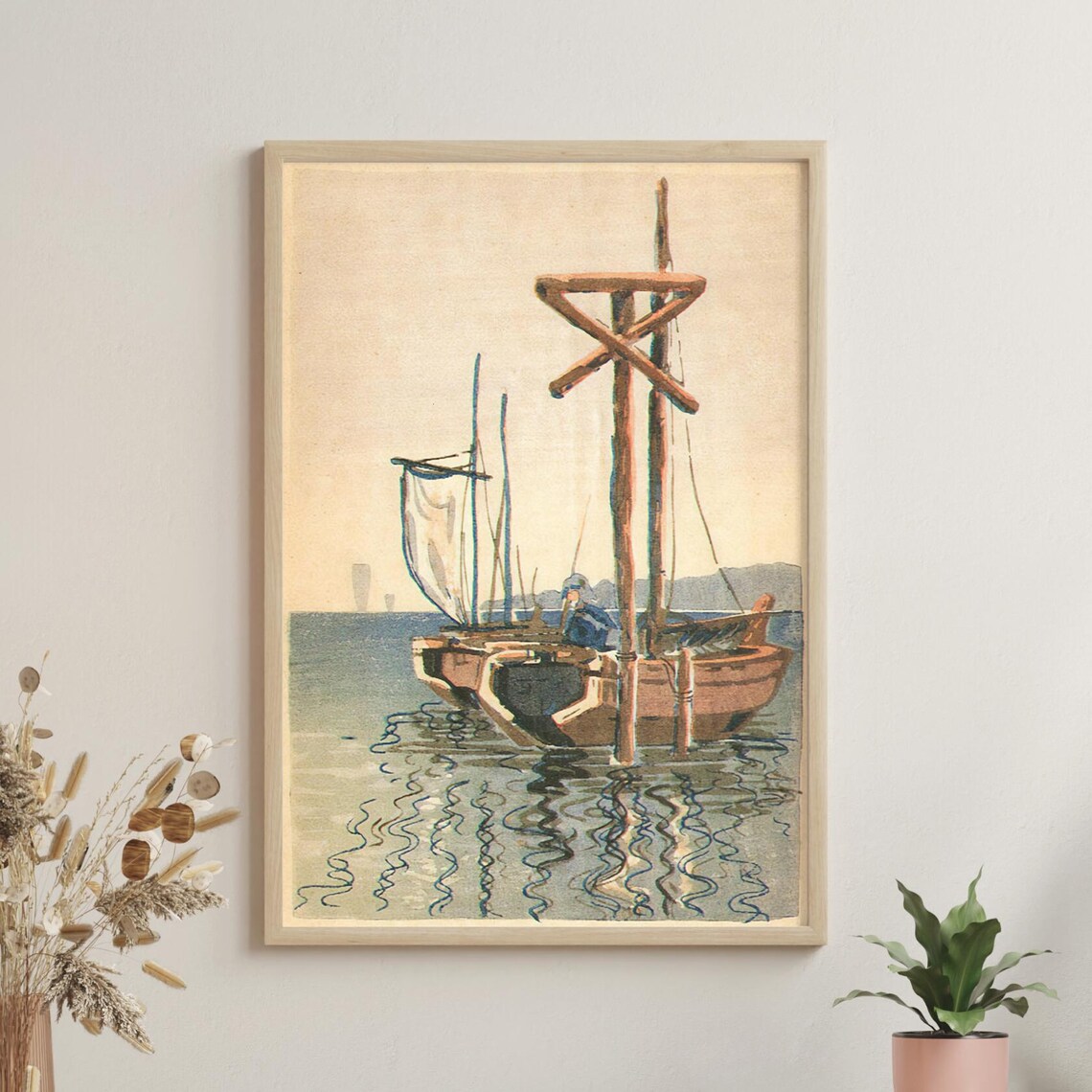 Wooden Fishing Boat at Mooring on Calm Water Woodblock Poster