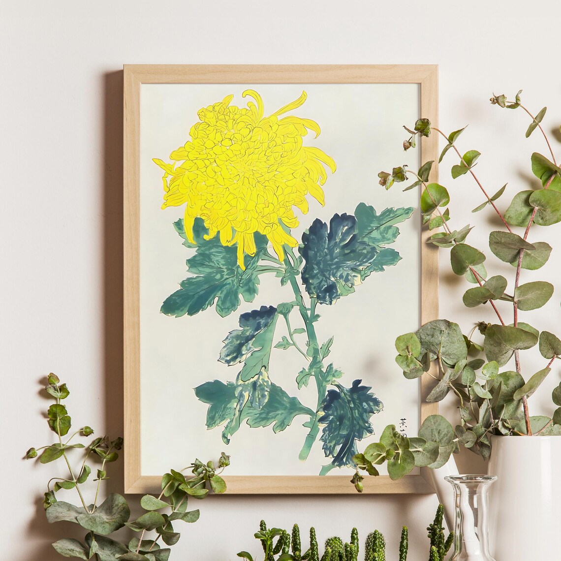 Yellow Chrysanthemum Japanese Botanical Floral Woodblock Poster