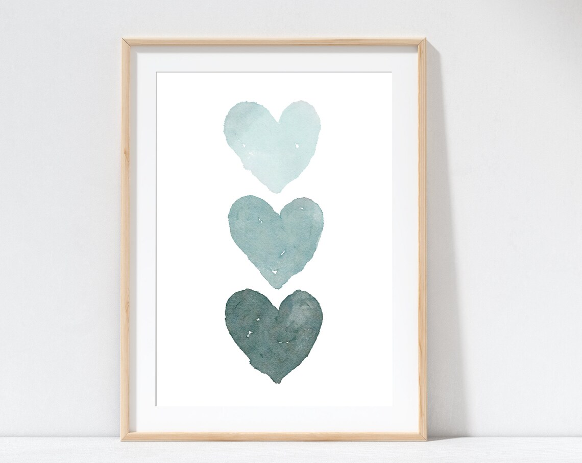 Teal Watercolor Hearts Trio Baby Girl Nursery Minimalist Wall Art