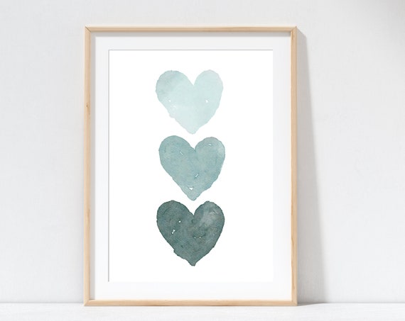 Heart Watercolor Painting Teal Hearts Baby Girl Nursery Wall Art Minimalist Valentine Day Gift Whimsical Unique Women Teen