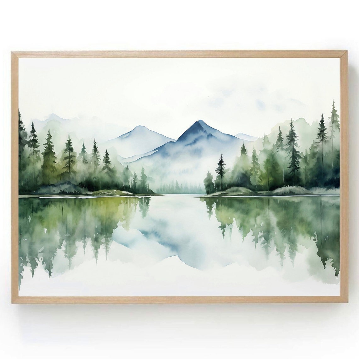 Misty Mountain Lake Reflection Watercolor Forest Landscape Poster