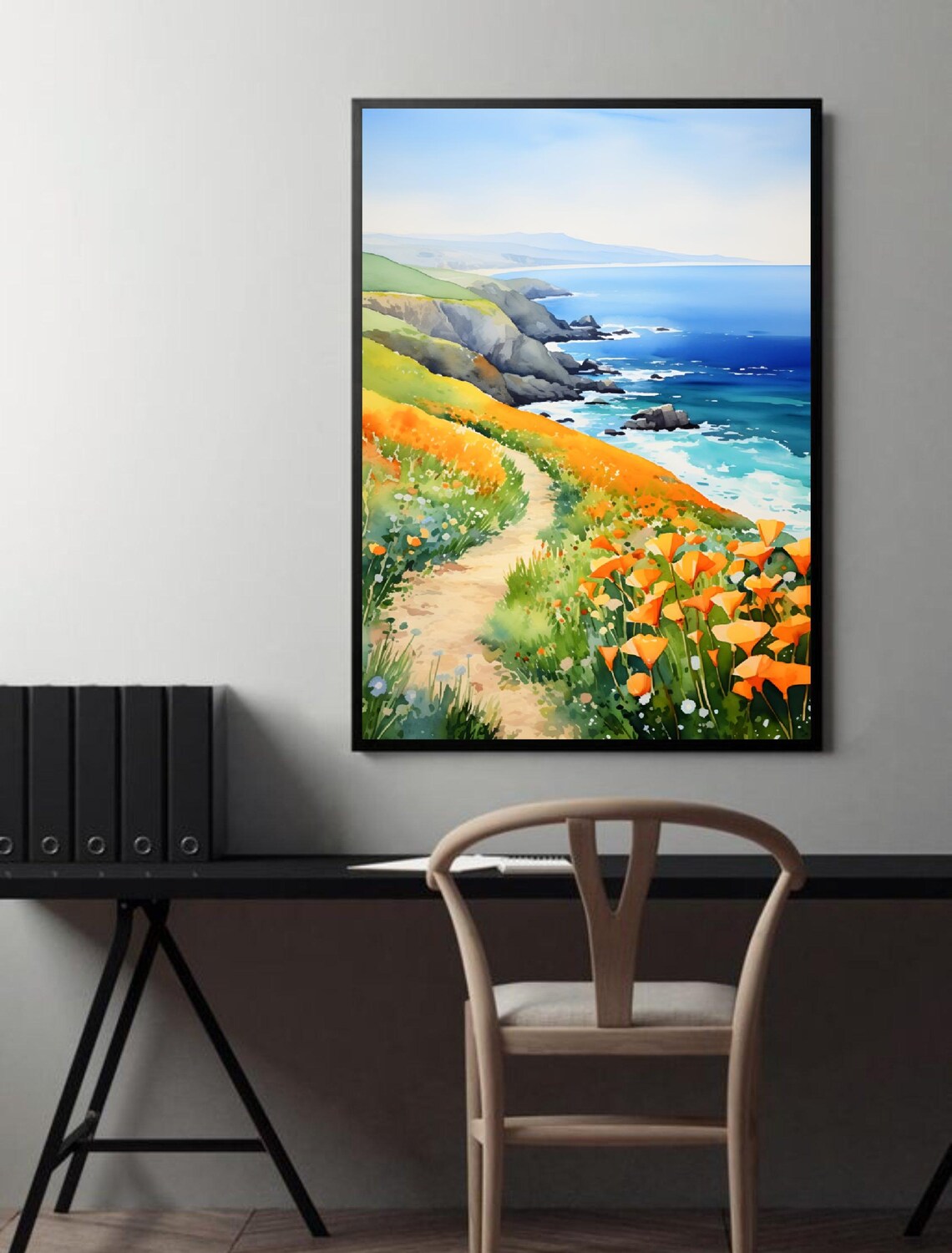 Diamond Lake Watercolor Art Print, California Poppies - Image 2