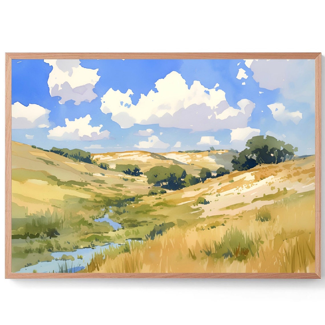 Nebraska Sand Hills Rolling Prairie Creek Watercolor Panoramic Poster