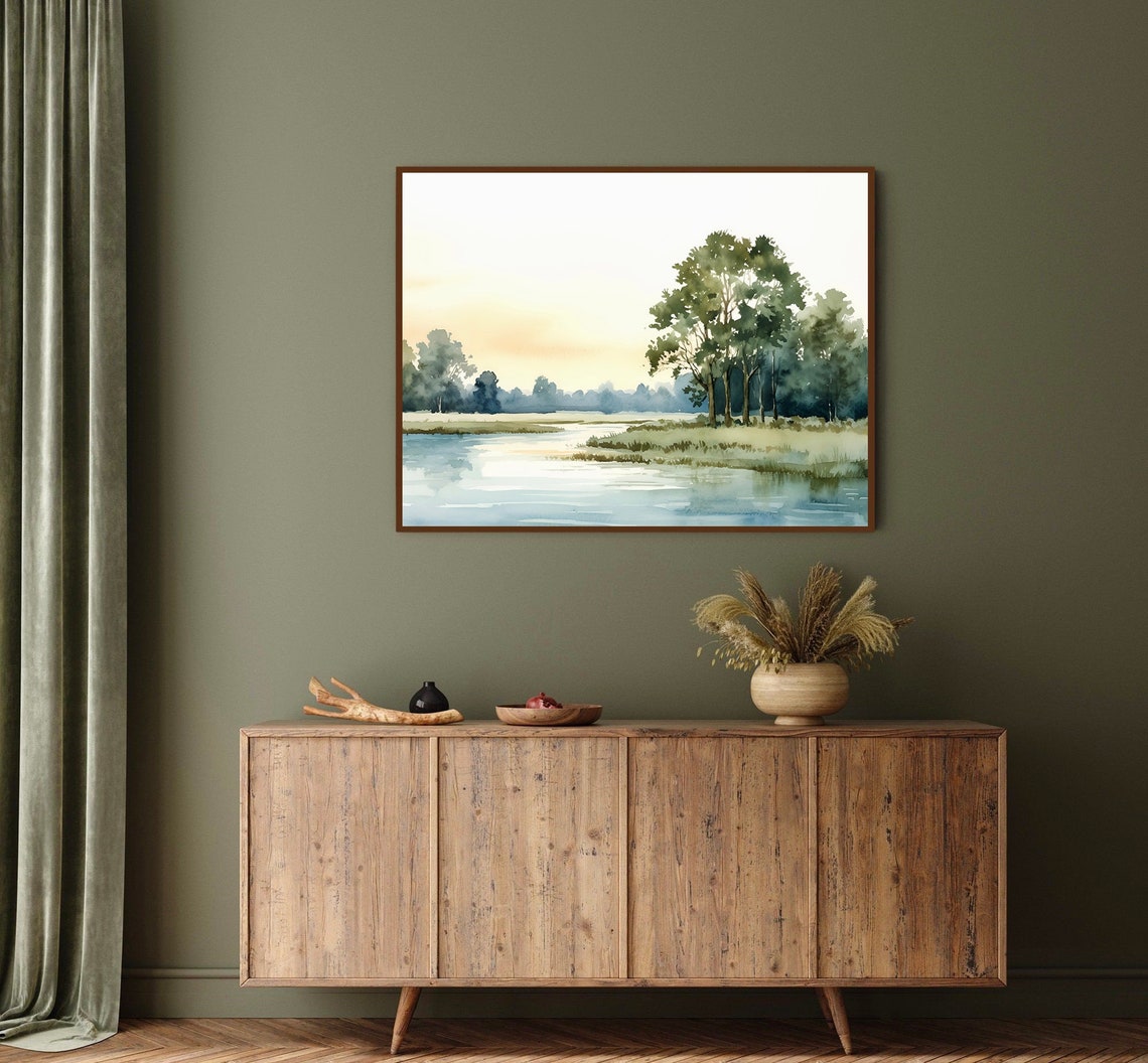Sunset Lake Orange Sky Silhouette Trees Watercolor Evening Poster - Image 2