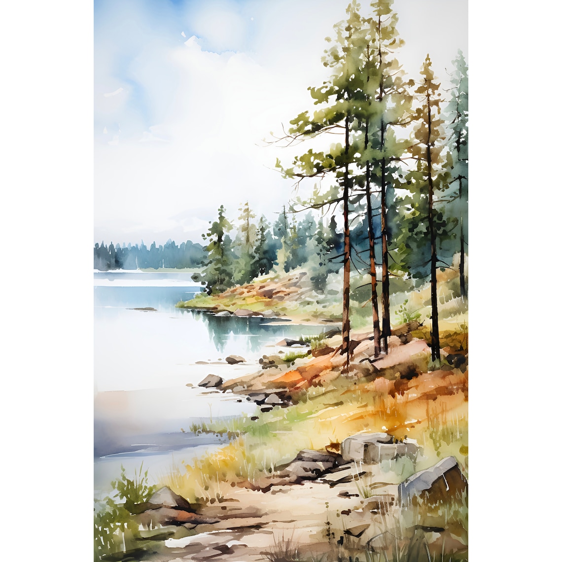 Pine Lakeshore Dusk Rocky Point Calm Water Trees Watercolor Art Poster