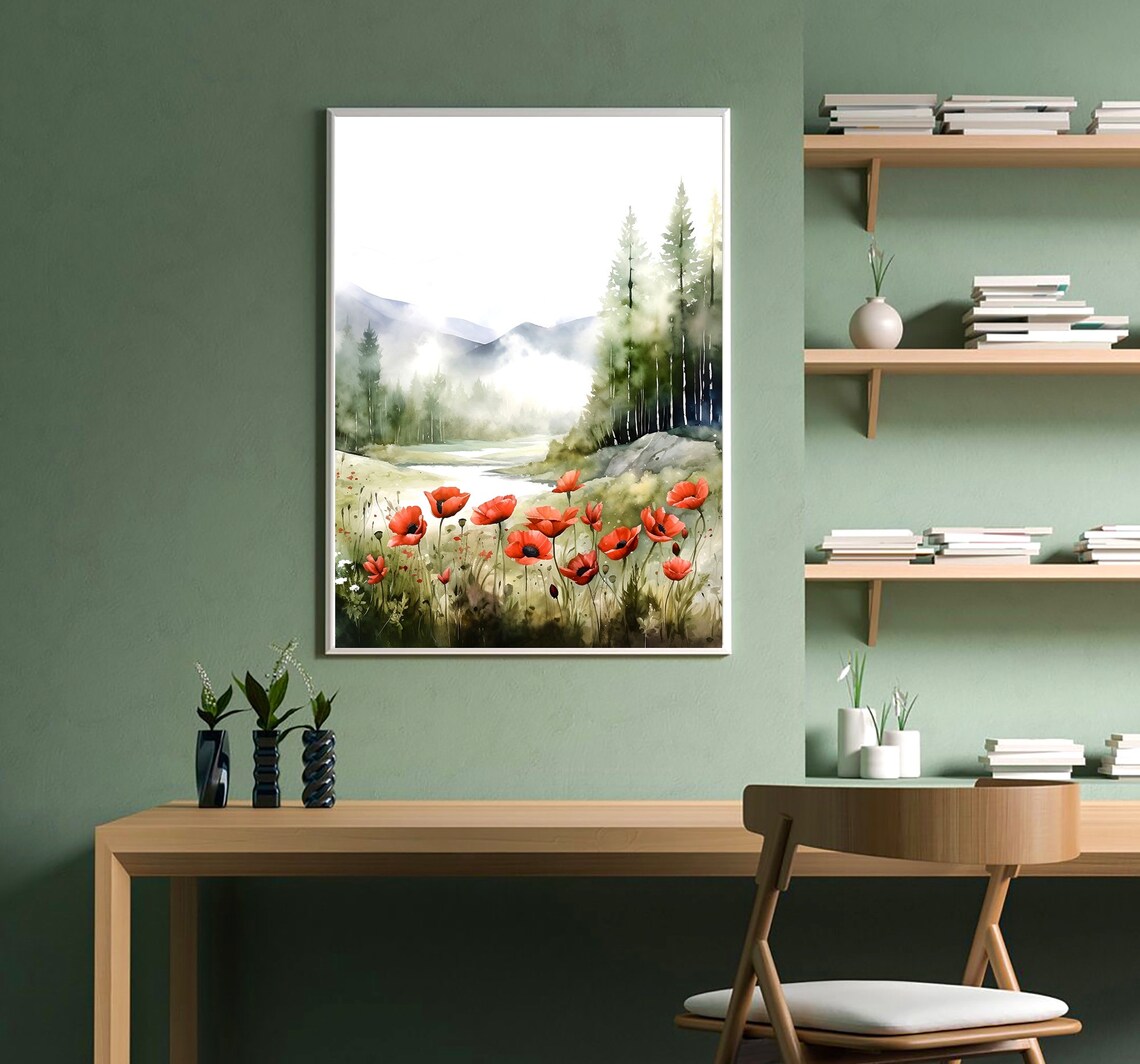 Watercolor Poppy Floral Print, Wildflower Landscape Poster - Image 2